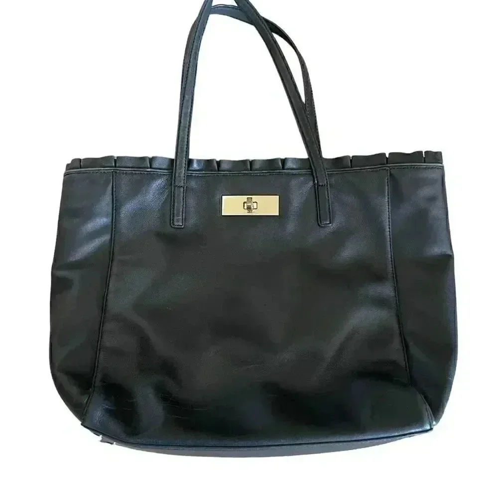 Kate Spade New York Logo Black Leather Tote Double Handles Shoulder Bag Ruffle